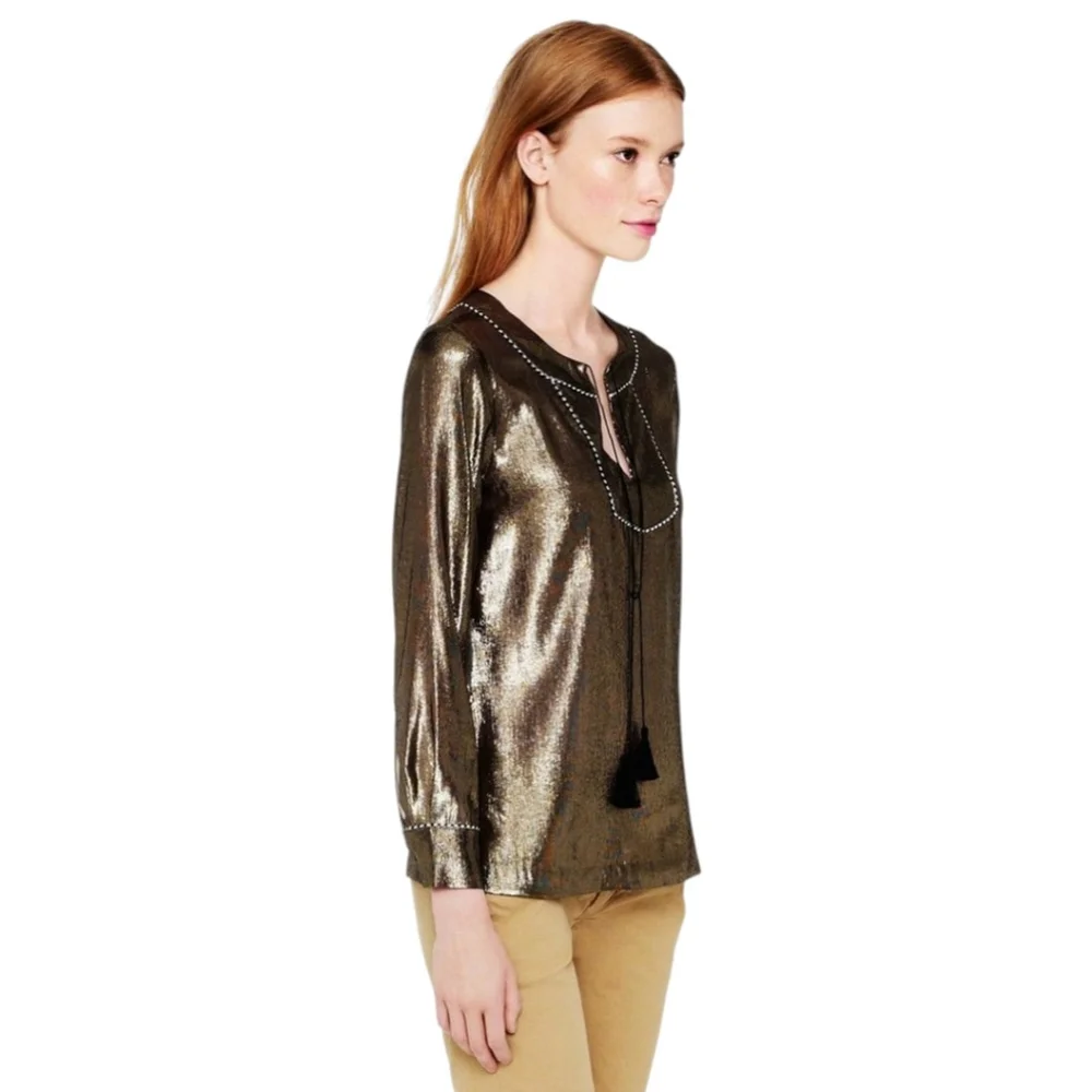 J. Crew Metallic Silk Gold Black Sheer Tie Neck Night Out Blouse Top Sz 4